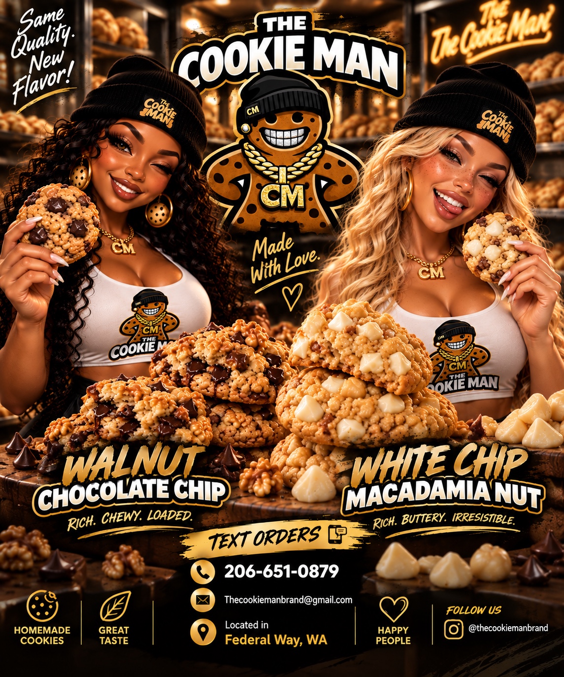 The Cookie Man mascot with both cookie models, walnut chocolate chip cookies, and white chip macadamia cookies