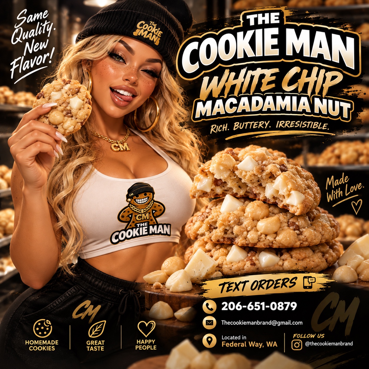 White Chip Macadamia Cookie Man promotional artwork
